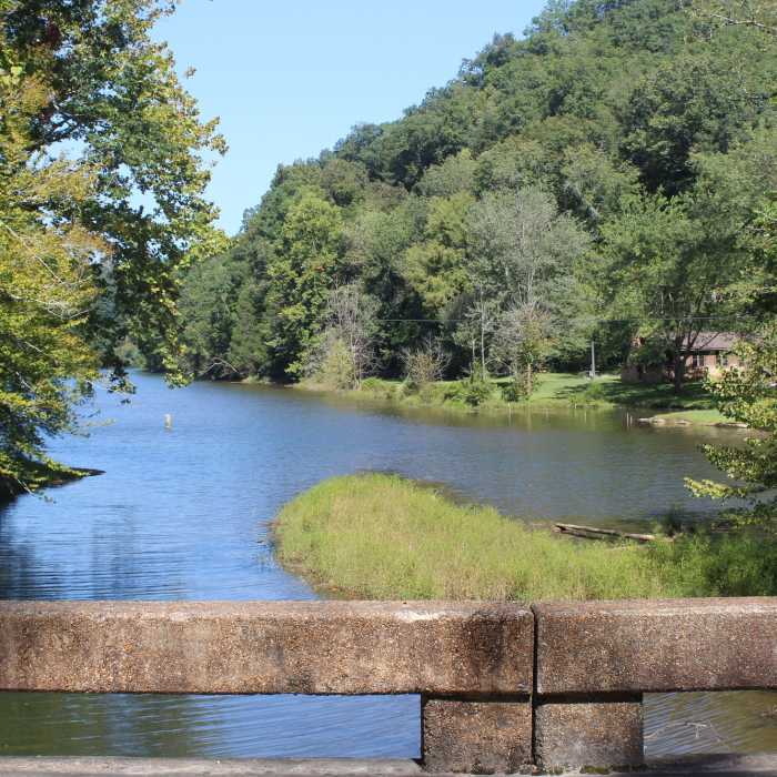 Looking back along the lake from the small bridge just out from the Overton Lodge. Near State Forest Hiking Trail