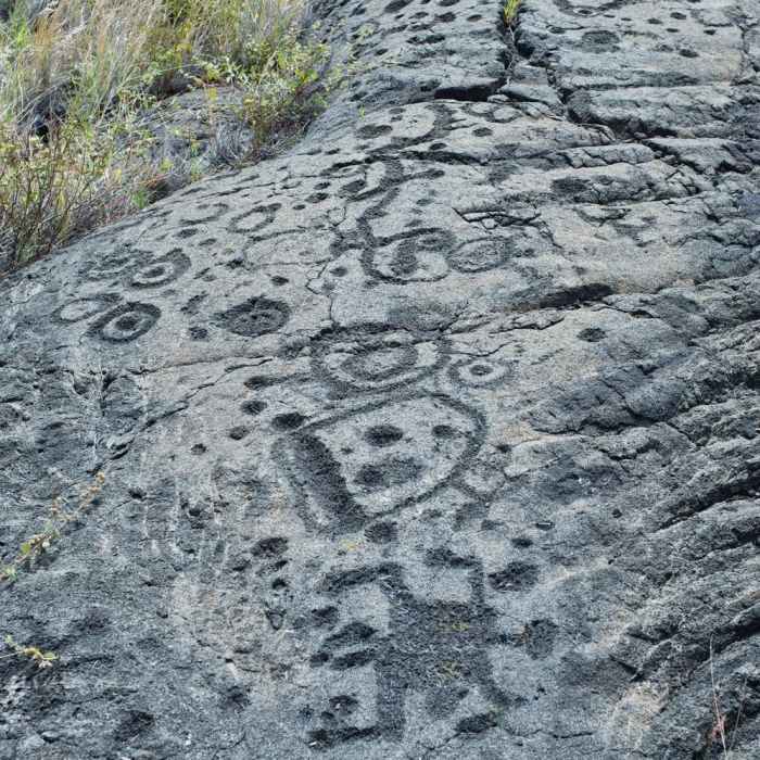 More petroglyphs etched into the lava. Near Pu'u Loa Petroglyphs
