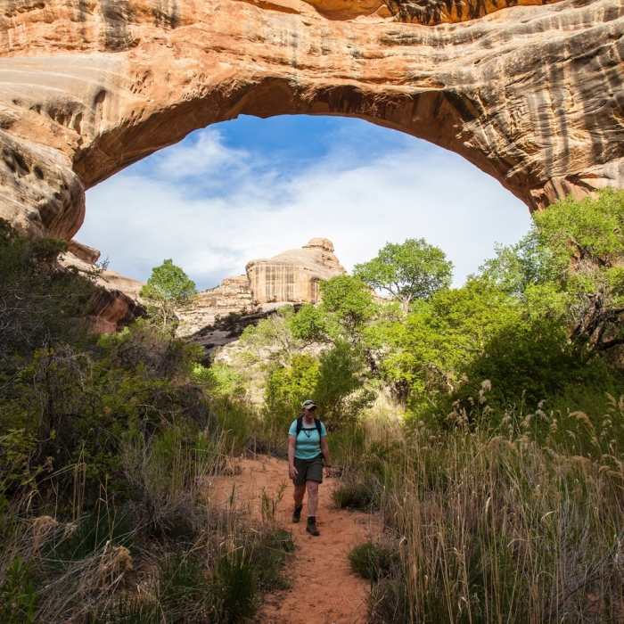Hiking beneath Sipapu Bridge. Photo Credit: NPS Photo / Jacob W. Frank. Near Natural Bridges National Monument Full Loop