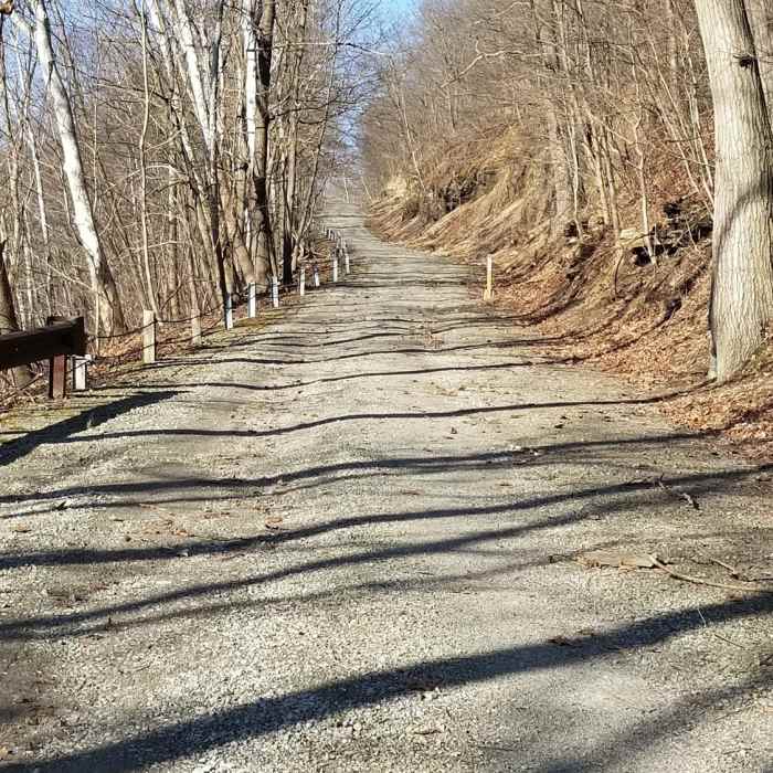 Looking up at the the trail from the now closed off railroad tunnels. Near West Penn Trail