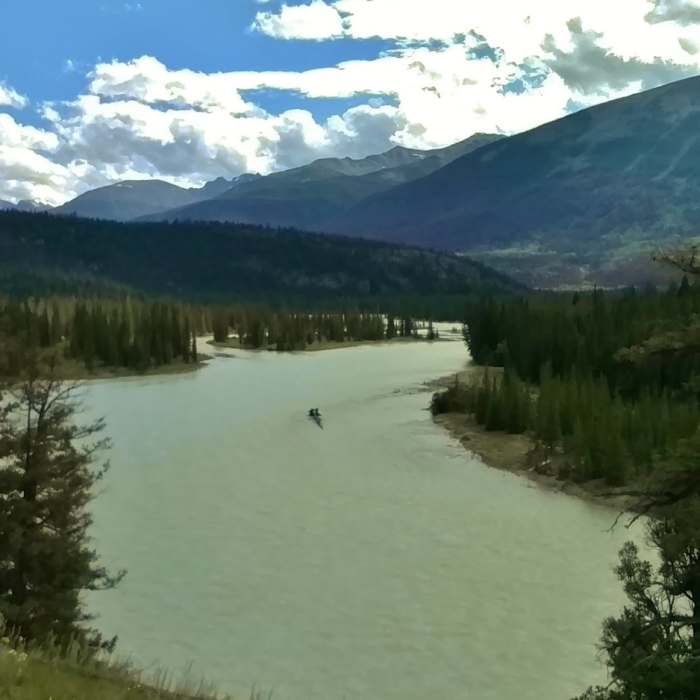 Mount Edith Cavell in the far distance (left center), Whistlers Summit on the right, with the mighty Athabasca River far below the Old Fort Point Loop trail. Near Old Fort Point Loop