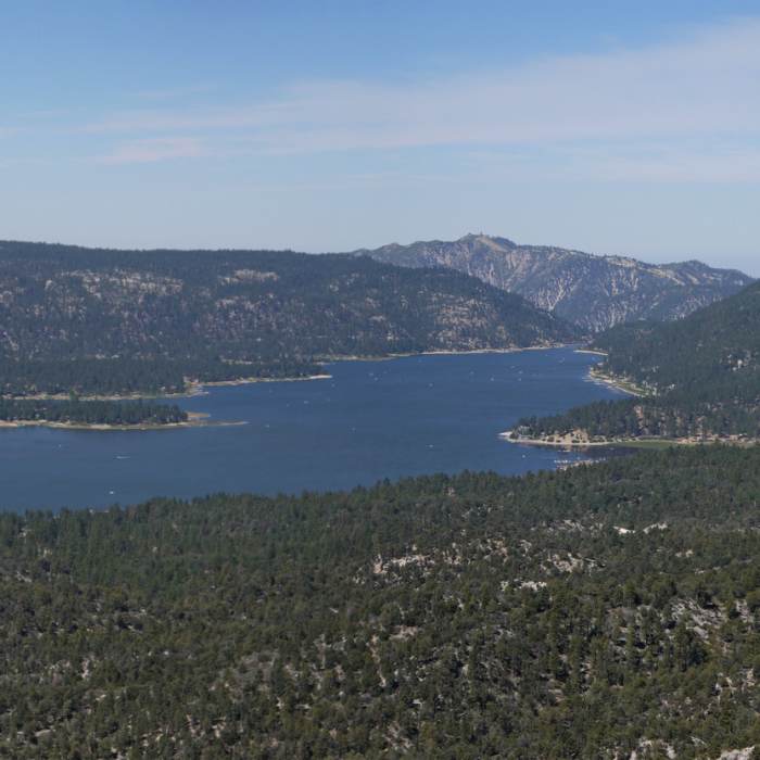 From the top of Bertha Peak, enjoy a 70-degree panorama of Big Bear Lake and the Big Bear Solar Observatory. Near Cougar Crest Trail
