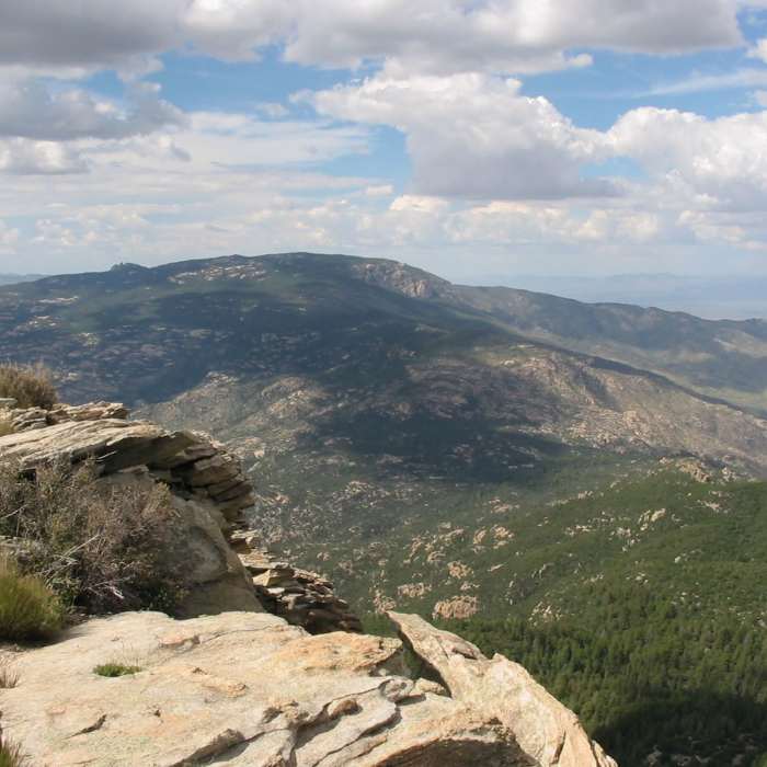 The rocky summit of Rincon Peak rises out of ponderosa pine forests. Near Rincon Peak