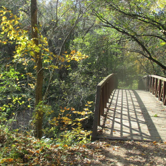 A bridge at Seven Mile County Park on a fall afternoon. Near Seven Mile Creek Hike