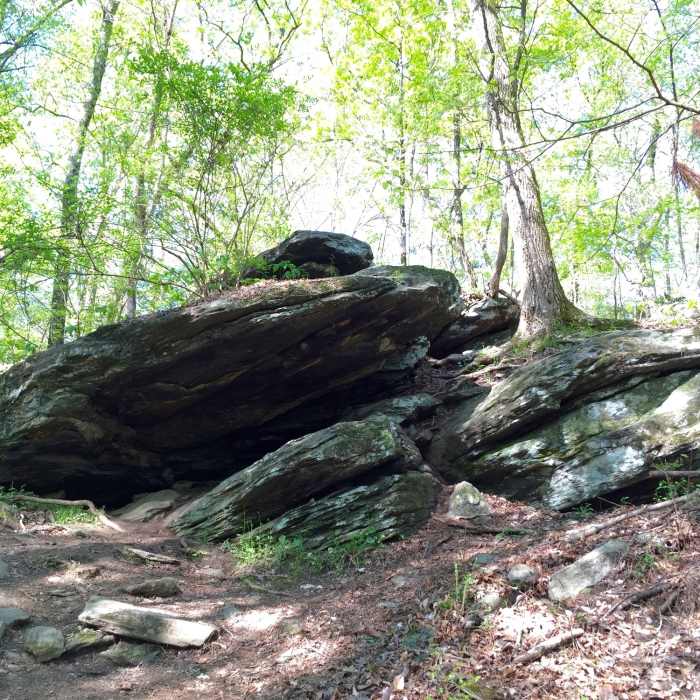 One of the first captivating rock outcroppings hikers encounter on this trail (near IF 14).
It is thought that primitive peoples may have used these formations as shelters. Near Island Ford South Loop