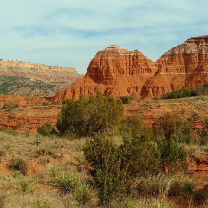 Left to right - Fortress Cliff in the distance across Prarie Dog Town Fork of the Red River, west faces of Capitol Peak, and Capitol Mesa, looking east along Lighthouse Trail. Near Lighthouse - GSL - PDR Loop