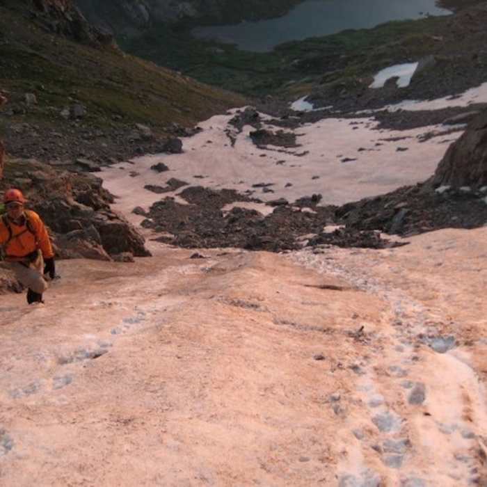 Climbing up some snow on Broken Hand Pass, July 2011. Near Crestone Needle South Face