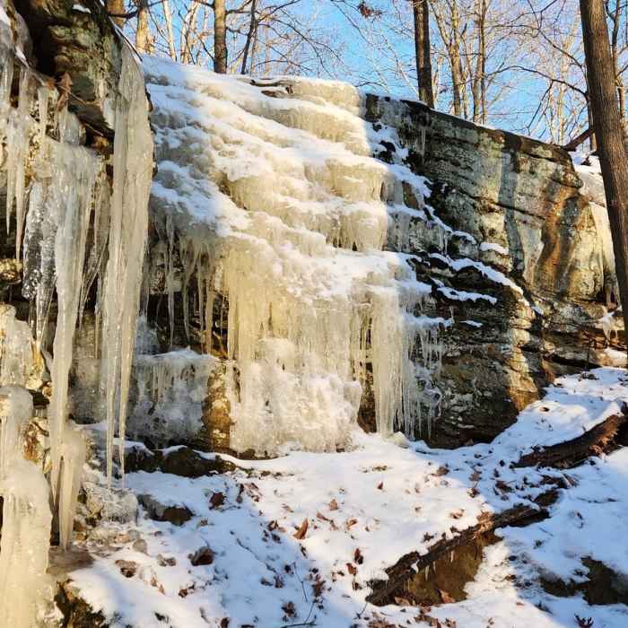 Dillard Spring rock outcrop in winter. Near Trail 2
