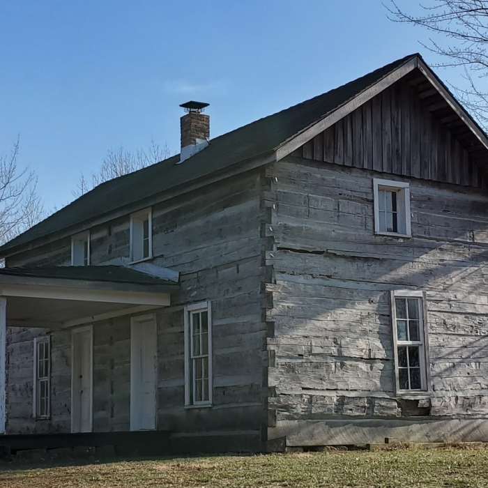 The Jacob Moery Cabin that was moved from a nearby off-site location to the Nature Center for exhibition and interpretive programs. Near Trail 2