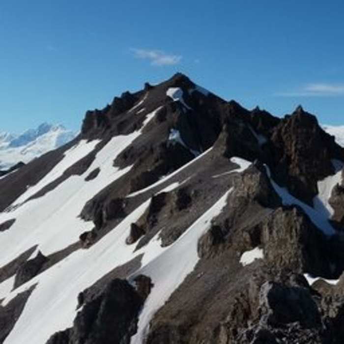 Ridge view looking north at Bonanza Peak (middle), Mt. Blackburn (left), and Regal Mountain (right) Near Bonanza Peak