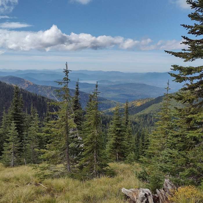 Mountains far into the distance. Lake Pend Oreille (upper center) is also below in the distance. Looking southwest from high on Mt. Pend Oreille. Near Mount Pend Oreille Out-and-Back