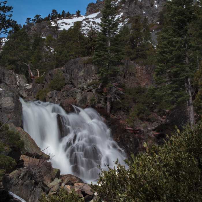 Glen Alpine Falls during near-peak flow with the southwest face of Mount Tallac in the background. Near Glen Alpine to Lake Aloha Out and Back
