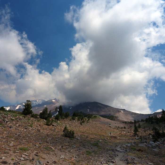 A storm builds over Mount Shasta. Near South Gate Meadows Trail