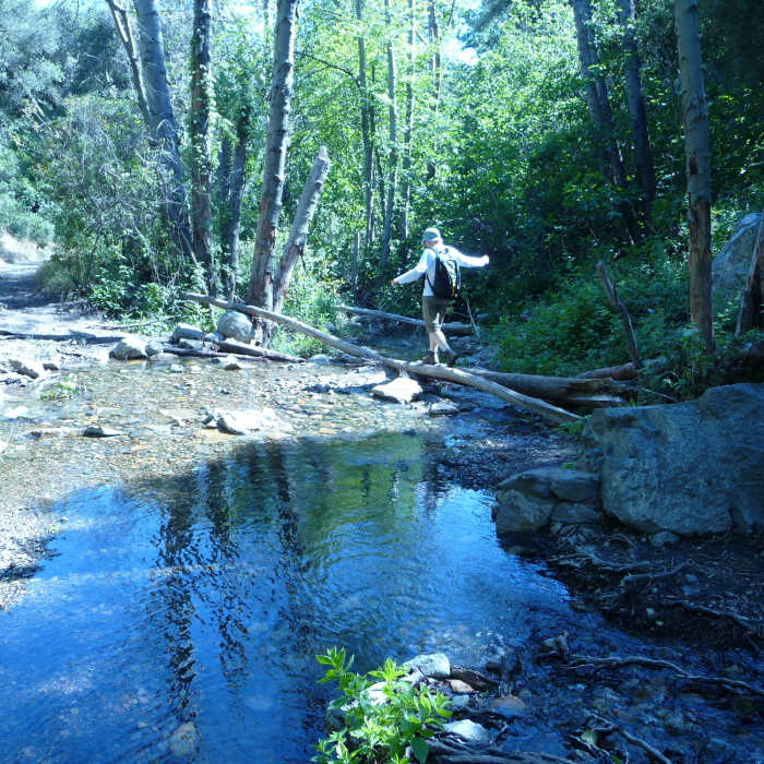 Linda crossing the creek Near Santiago Peak via Holy Jim Trail