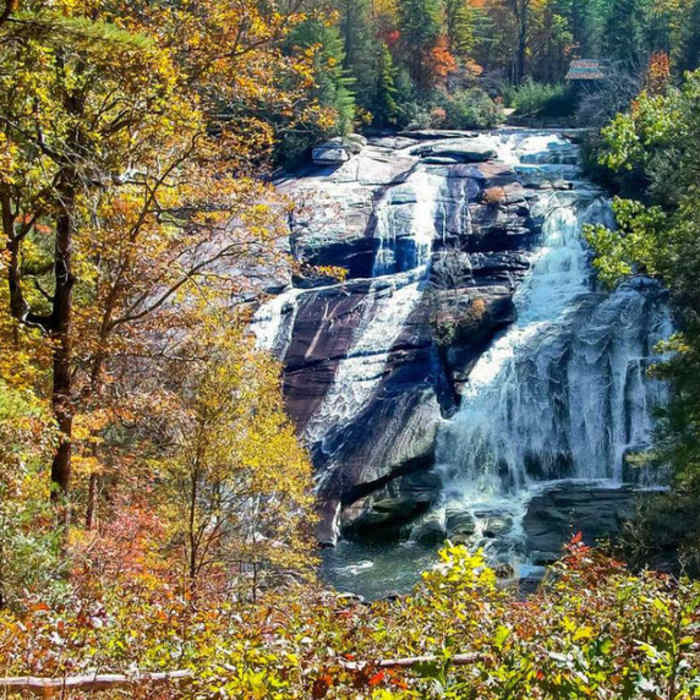 High Falls stands magnificent in the distance from the overlook. Near DuPont Waterfall Bonanza