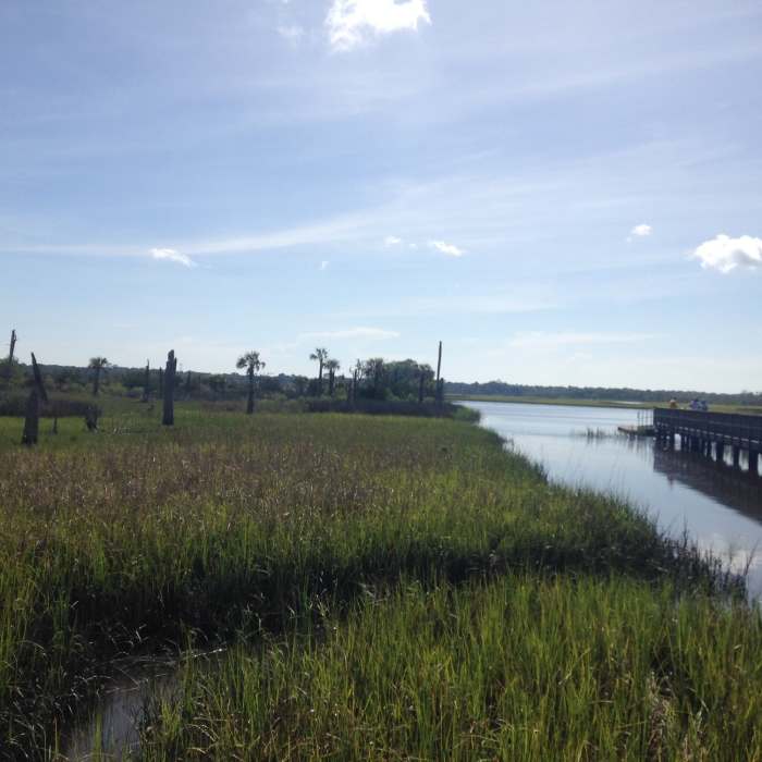 View of the St. John's River from afar as well as the pier from the side. Near Castaway Island