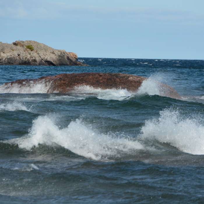 Strong currents and wind result in cool choppy waves Near Little Presque Point