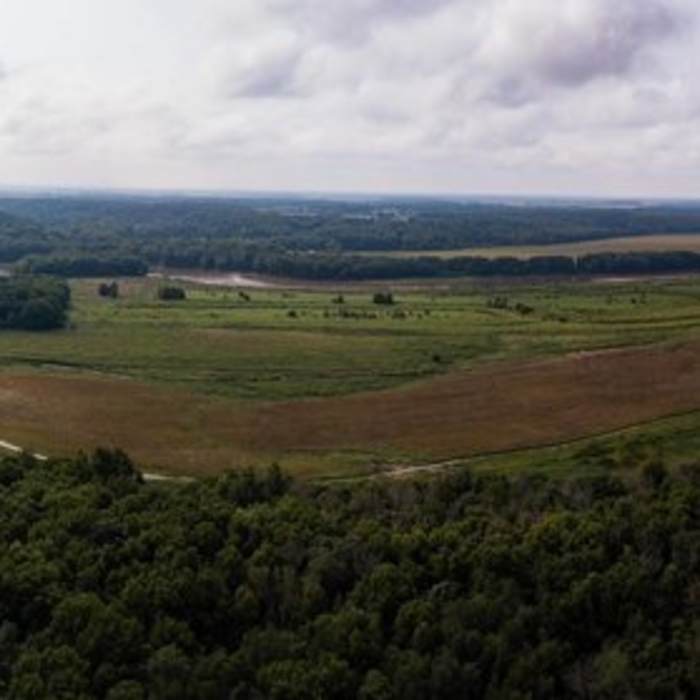 Aerial view of the hiking area Near Prophetstown Woodland Bluffs and Rivers Loop
