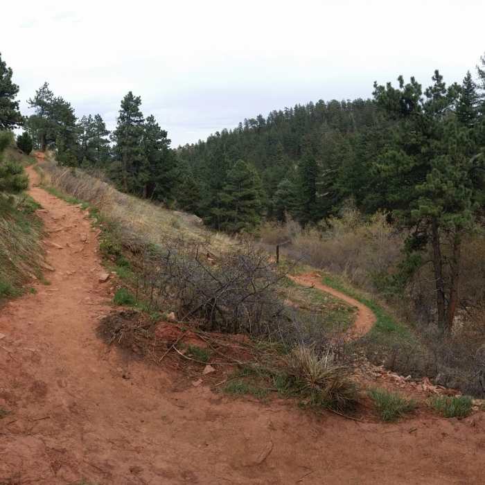 The turn on the Mesa Trail down to the steps to the stream crossing behind NCAR Near Mallory Cave Trail