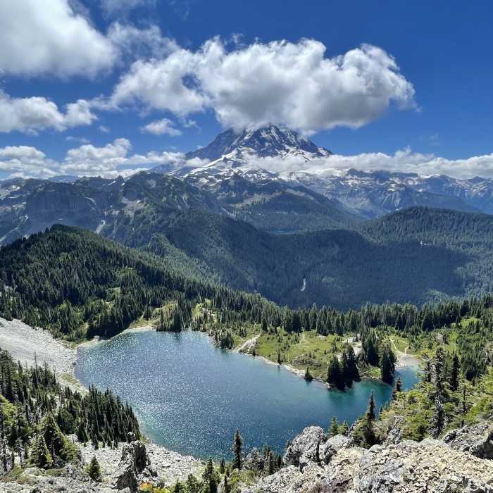 This is from Tolmie Peak in MRNP. This fire lookout is located in the NW corner of the park and overlooks Eunice and Mowich Lake as well as Ipsut Pass and Spray Park. Near Tolmie Peak Trail