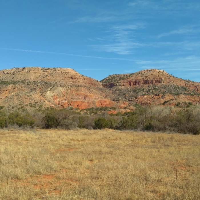 Fortress Cliffs and their beautiful orange, white, beige, purple, and gray layers, behind a small meadow passed by Pioneer Nature Trail. Near Kiowa Trail