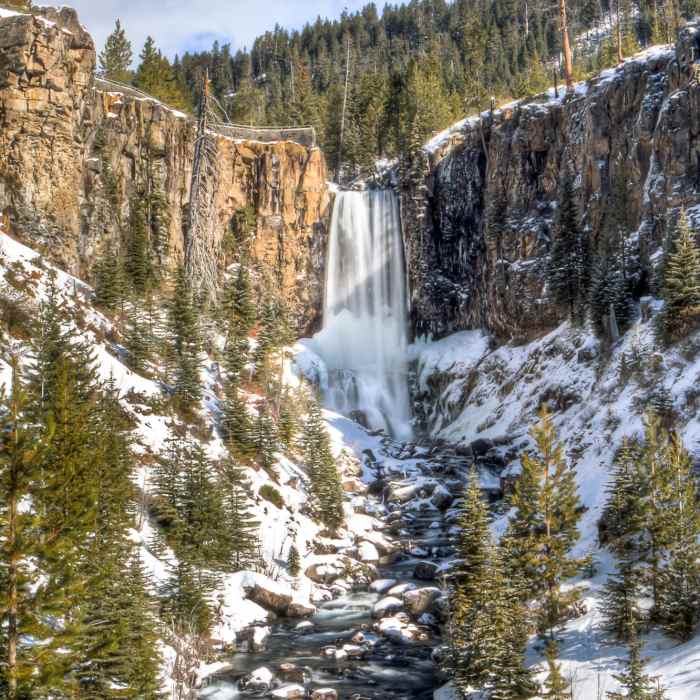 A snow-decorated Tumalo Falls is your wintertime reward along the North Fork Trail. Near North Fork Trail