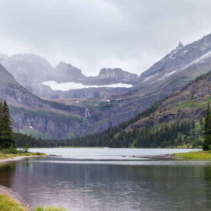 Lake Josephine with Grinnell Glacier and Grinnell Falls. Near South Shore Lake Josephine Trail
