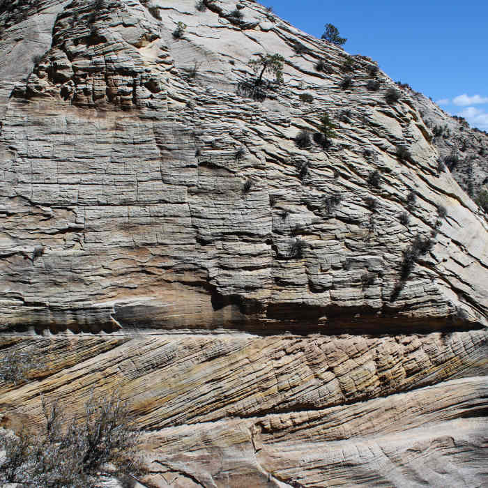 Vertical rocks on the ascent to Observation Point Near East Mesa Trail