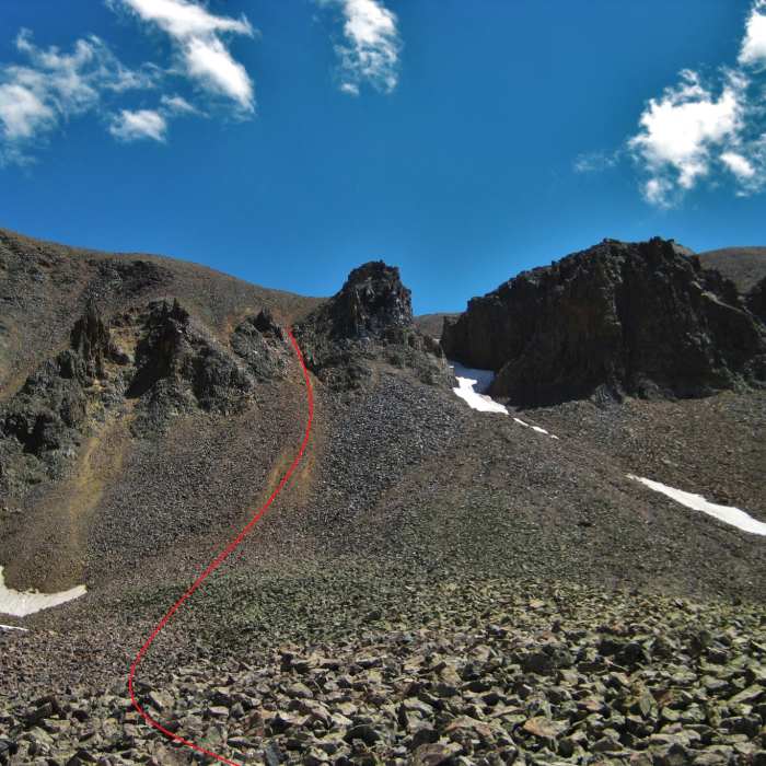 Ascend this gully. Near Sunshine Peak Northwest Face