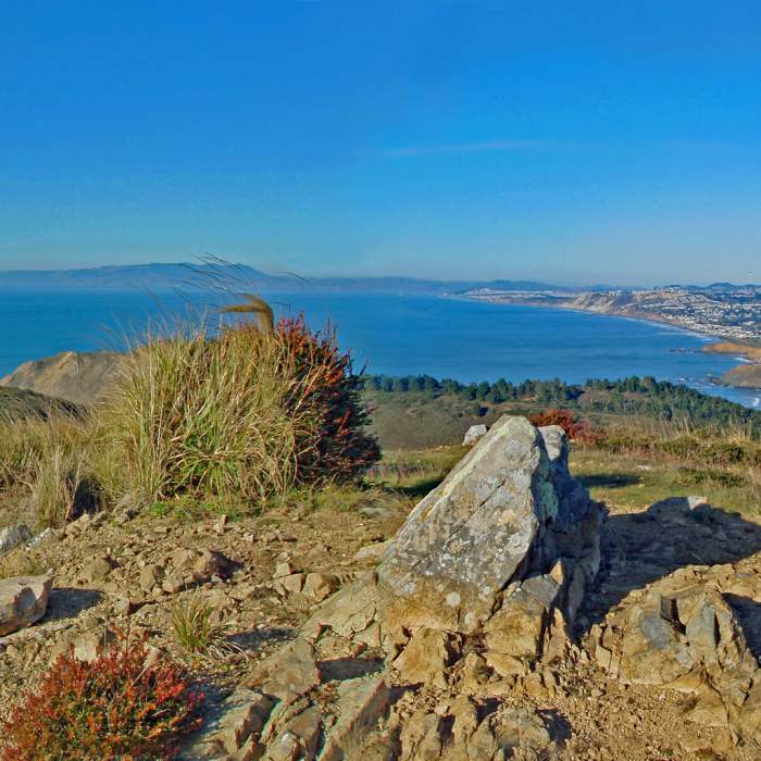 Looking towards Tamalpais from the top of San Pedro Mountain. You can see up the coast from Pacifica to San Francisco's Sunset district Near San Pedro Mountain Trail