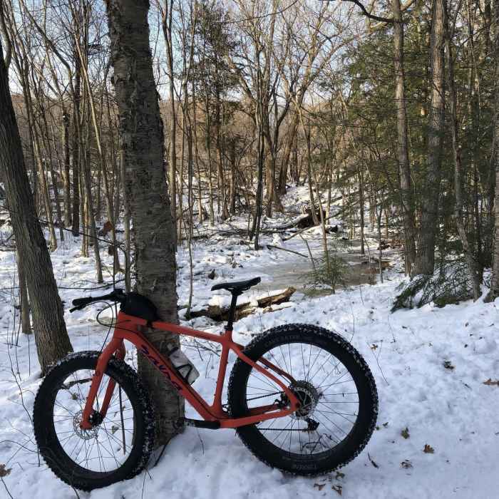 In the winter, it's often the case that you'll see these types of bikes being ridden along the trails. Keep your wits about you and stay aware for oncoming cyclists! Near He-Nis-Ra Park