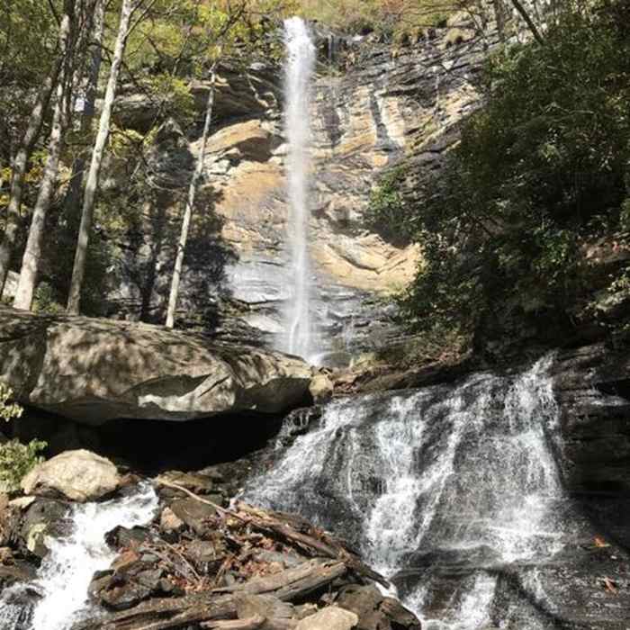 Reward after a climb up Rainbow Falls Trail to find Rainbow Falls, view from the lower level. Near Jones Gap - Caesars Head Loop