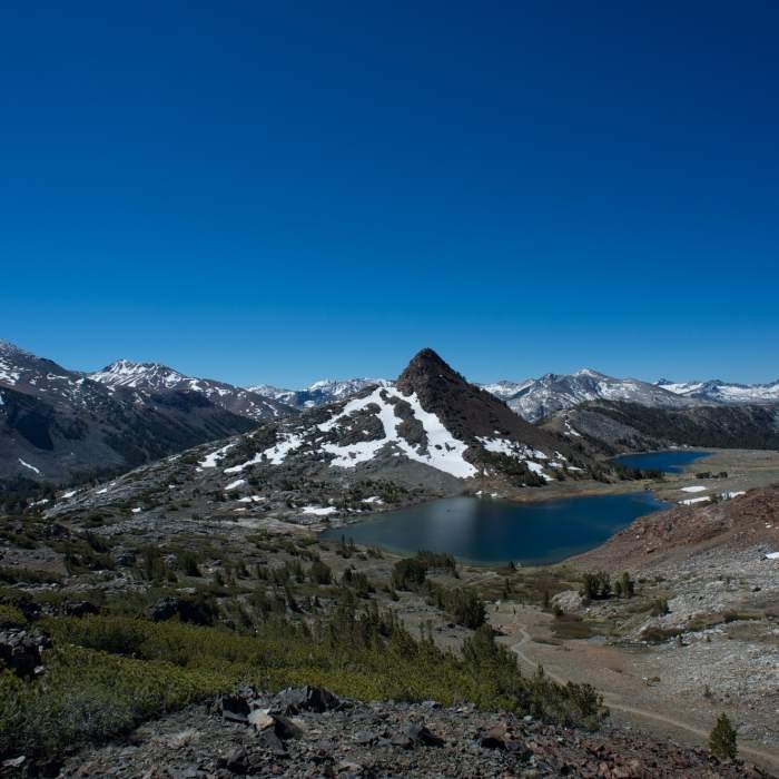 View of the Upper and Middle Gaylor Lakes, Gaylor Peak, and surrounding peaks. Near Gaylor Lakes