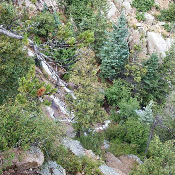 Waterfall near the end of Bear Creek Trail (#666). Follow the "Dead End" trail sign. Near Bear Creek Trail (#666)