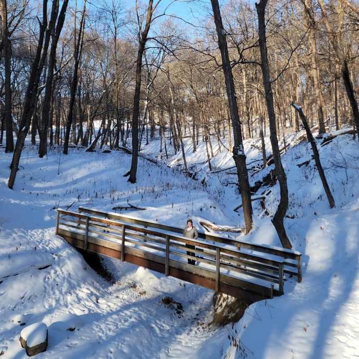 Crossing the first bridge in winter. Near Riley Creek Nature Trail