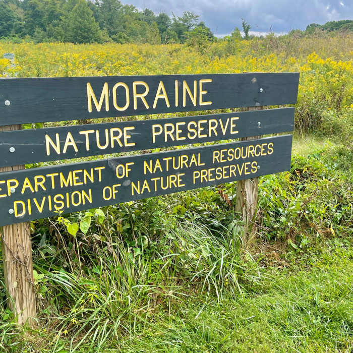 Parking lot and trailhead at Moraine Nature Preserve. Near Moraine Prairie Loop