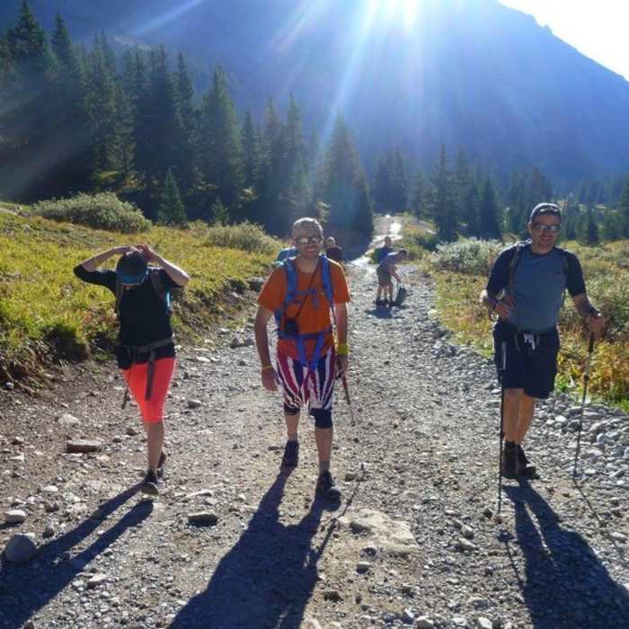 Hikers a short distance below the upper trailhead. Near Blue Lakes Trail