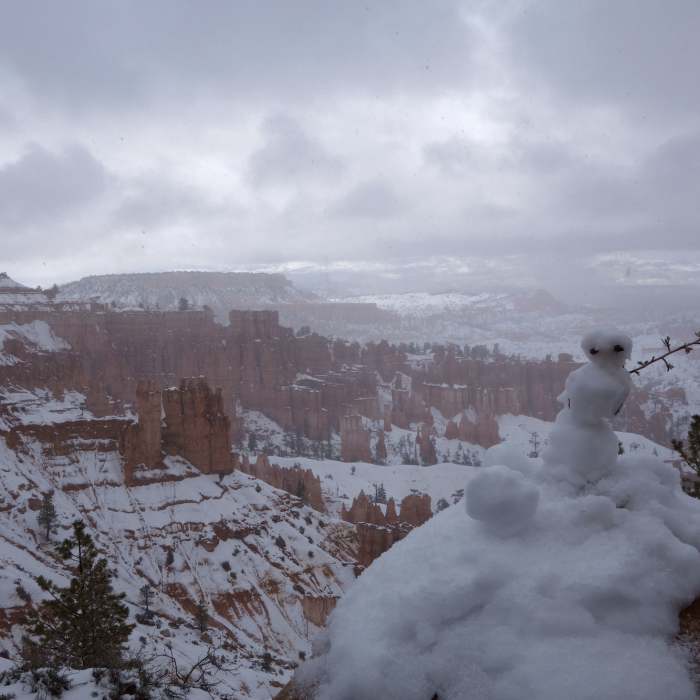 Late May snowman at Bryce Canyon, the end of the wet 2018-2019 winter. Near Bryce Canyon to Red Canyon Bike Trail