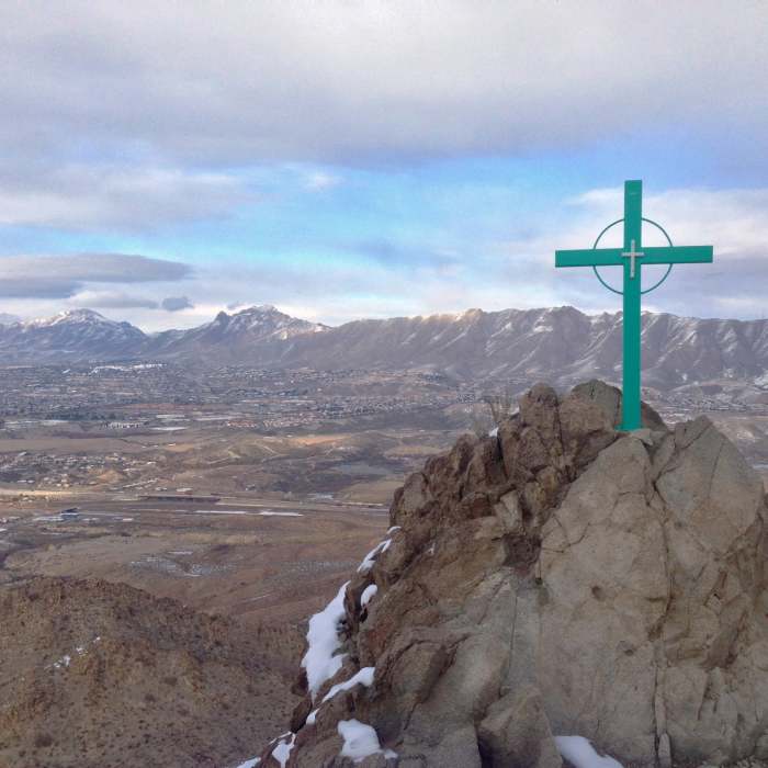 One of the trail's twelve stations of the cross, part of the Via Dolorosa. Sunland Park, western El Paso, and the Franklin Mountains are in the background. Near Mount Cristo Rey