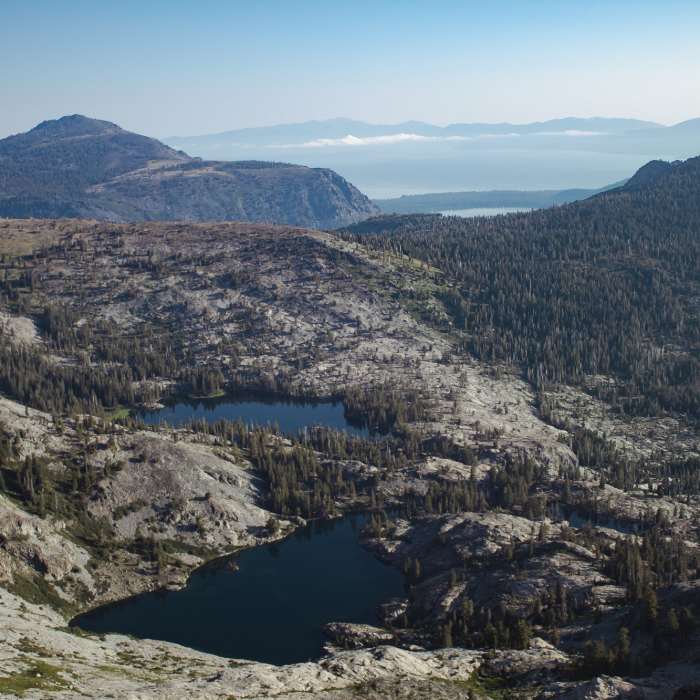 Ralston and Tamarack Lakes taken from the summit of Ralston Peak. Looking east at Lake Tahoe. Near Ralston Peak