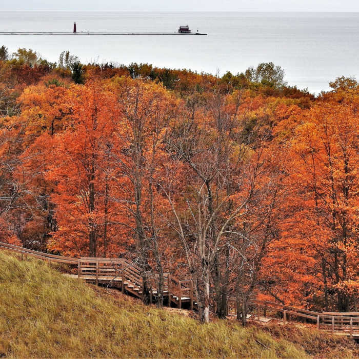 Boardwalk and stairs at North Ottawa Dunes" by Mike Lozon. Photo courtesy of Ottawa County Parks & Recreation. Near North Ottawa Dunes Lower Loop