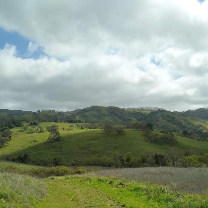 Hills of the Diablo Range to the northeast of Snell Trail. San Felipe Creek is in the valley ahead, and Mt Hamilton, 4,265 ft. center right with snow on it, is hidden in clouds. Near Snell Trail