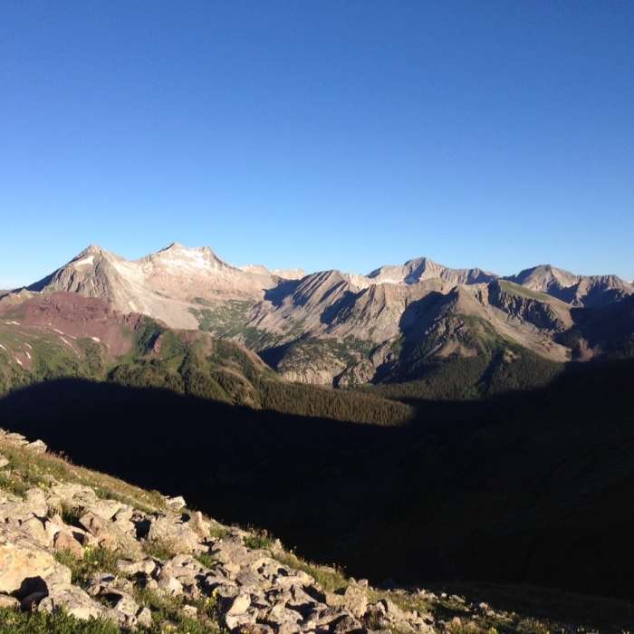 Top of Buckskin looking west to Snowmass Mountain and Trail Rider Pass Near Snowmass Mountain West Slope