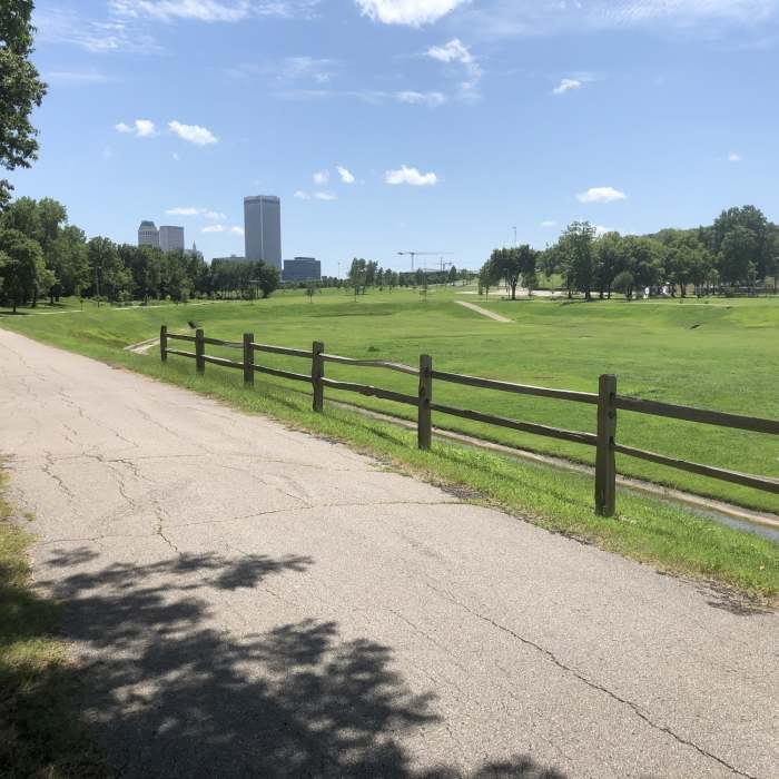 View of downtown Tulsa from the Osage Prairie Trail. Near Osage Prairie Trail