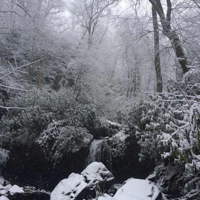 Leave Only Your Footprints. The scene from Grotto Falls after a February morning snow fall in the Great Smoky Mountains National Park. From Dec. to mid-March, the trail begins at the Rainbow Falls Trailhead (6 miles r/t). Rest of the year, you can begin at Trillium Gap Trailhead for a 2.6-mile hike. Near Grotto Falls
