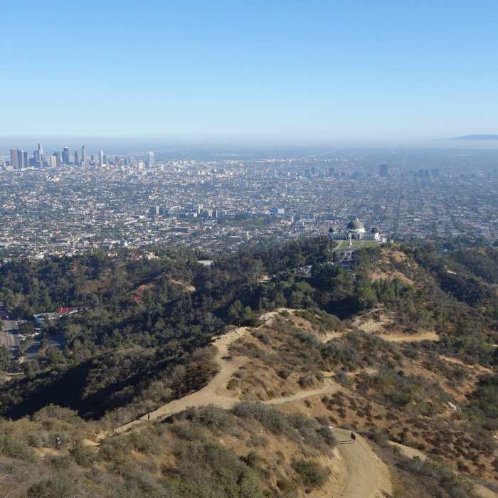 Griffith Observatory and downtown Los Angeles grace the view on a clear day. Near Mt. Hollywood from Old Zoo