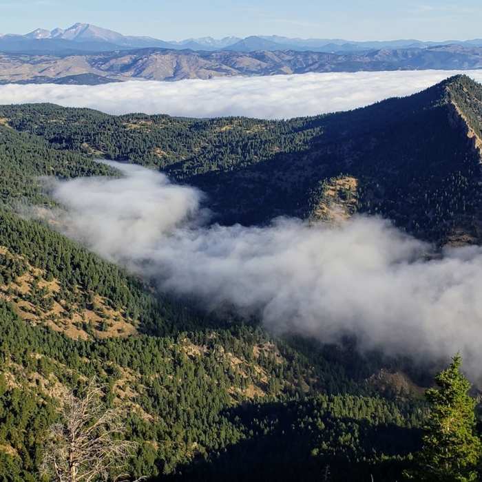 Looking northward from Bear Peak, with Boulder under a cloud. Near Bear Peak Summit Trail