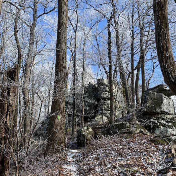 Rock formations on Chimney Trop Trail in the winter. Near Chimney Top Trail