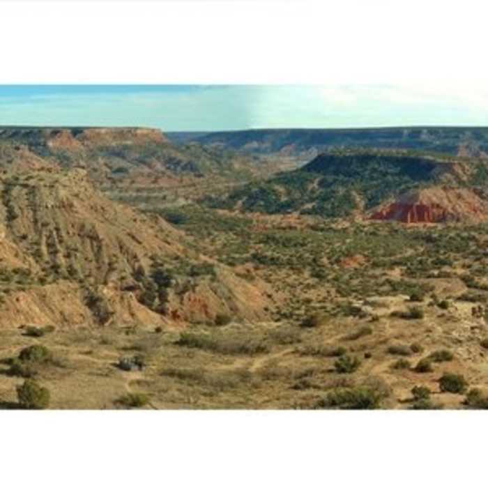 Palo Duro Canyon from the canyon rim viewpoint. 90 degree panorama. Left/east to right/south - ridge to Goodnight Peak with Prairie Dog Fork Red River behind it, Timber Creek in the foreground, and Timber Mesa on the far side of Timber Creek. Near CCC Trail