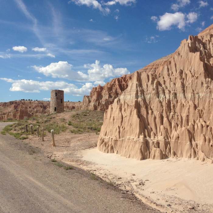 A view of the old abandoned water tower and some of the surrounding clay formations in Cathedral Gorge. Near Miller Point Caves Loop
